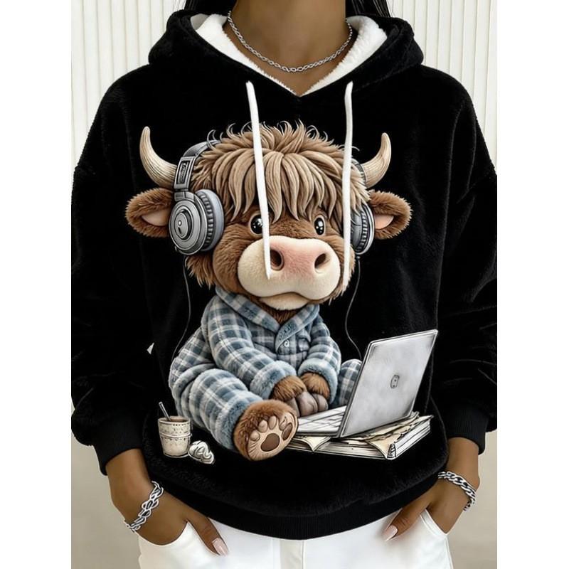 Womens Flannel Hooded Sweatshirt With 3D Dog Print - Cozy Casual Long Sleeve Top Winter