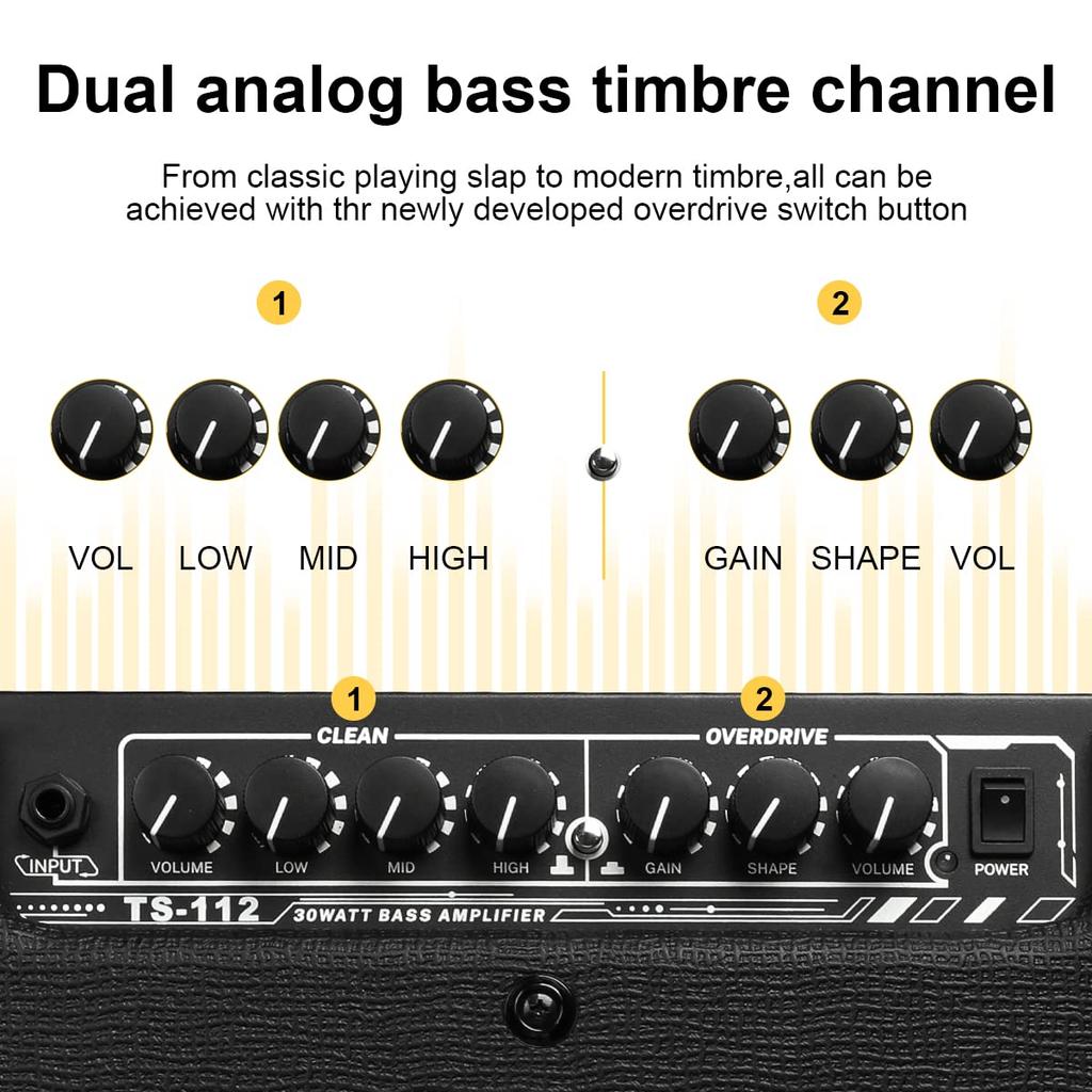 Усилитель для бас-гитары Coolmusic TS112, комбоусилитель для электрогитары и баса мощностью 30 Вт со встроенным чистым и дисторшн-овердрайвом, переключение двух тонов