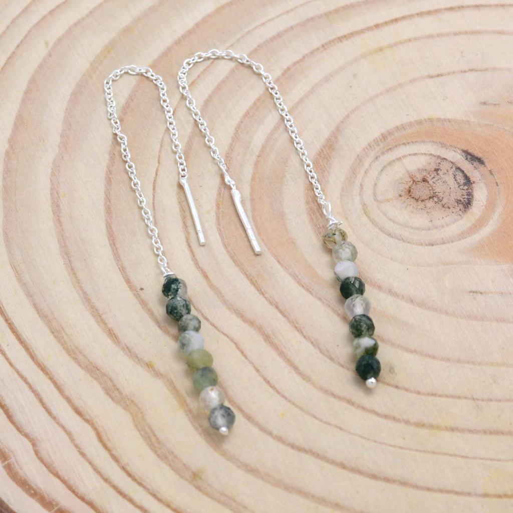 Moss Agate 925 Silver Threader Earrings, Natural Gemstone Women Handmade Fringe Earrings