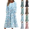 Women's Casual Round Neck Floral Print Midi Dress Long Sleeve Pocket Dress
