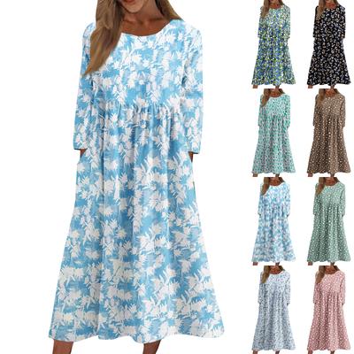 Женское повседневное миди-платье с круглым вырезом и цветочным принтом, с длинным рукавом и карманами