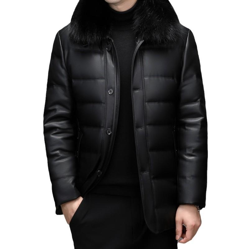 Middle-aged leather jacket men's leather down jacket casual down jacket solid color lapel removal liner thickened jacket winter tide