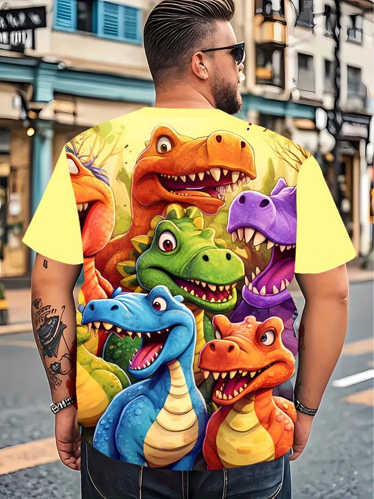 Men's Plus Size Anime Dinosaur T-Shirt - Casual Short Sleeve Round Neck Tee with Cute Print, Machine Washable Soft Comfortable Fit Suitable for Casual