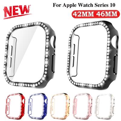 Стеклянная+Алмазная Защитная Крышка для Корпуса Apple Watch 46мм 42мм Блестящий Бампер Защитник для iWatch Серии 11 10 46 42мм Чехол для Часов