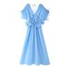 Kaslead New Arrival Women's Clothing Fashion Style Fashion Three-Dimensional Flower V Neck Short Sleeve Drawstring Dress