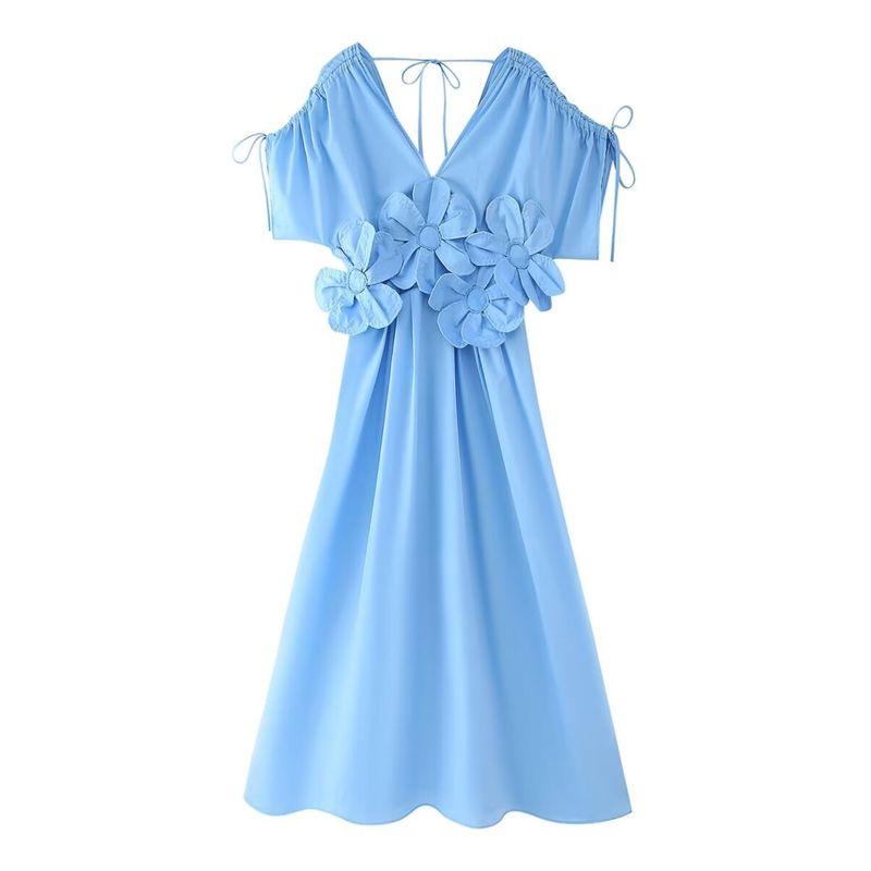 Kaslead New Arrival Women's Clothing Fashion Style Fashion Three-Dimensional Flower V Neck Short Sleeve Drawstring Dress