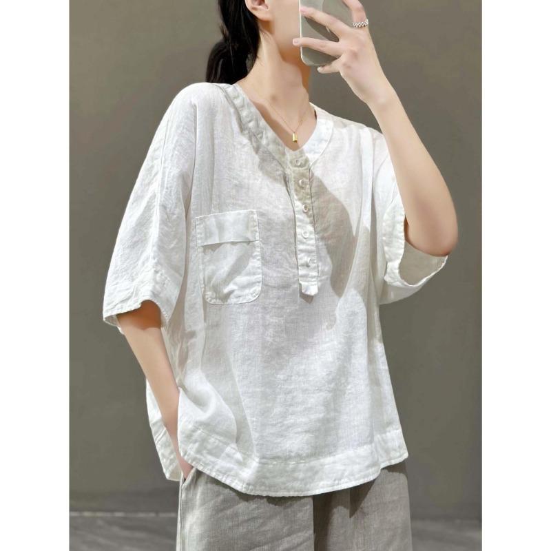 Летняя тонкая футболка с V-образным вырезом и короткими рукавами, женская однотонная ретро-футболка, универсальная, повседневная, свободная, хлопковая, льняная, пуловер, топ