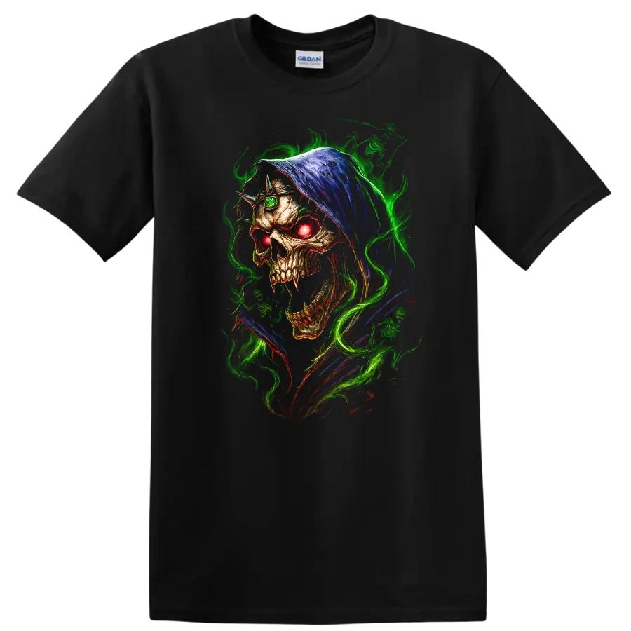 Skull T Shirt Horror Design w/ Colorful Flames Graphic Tee for Halloween