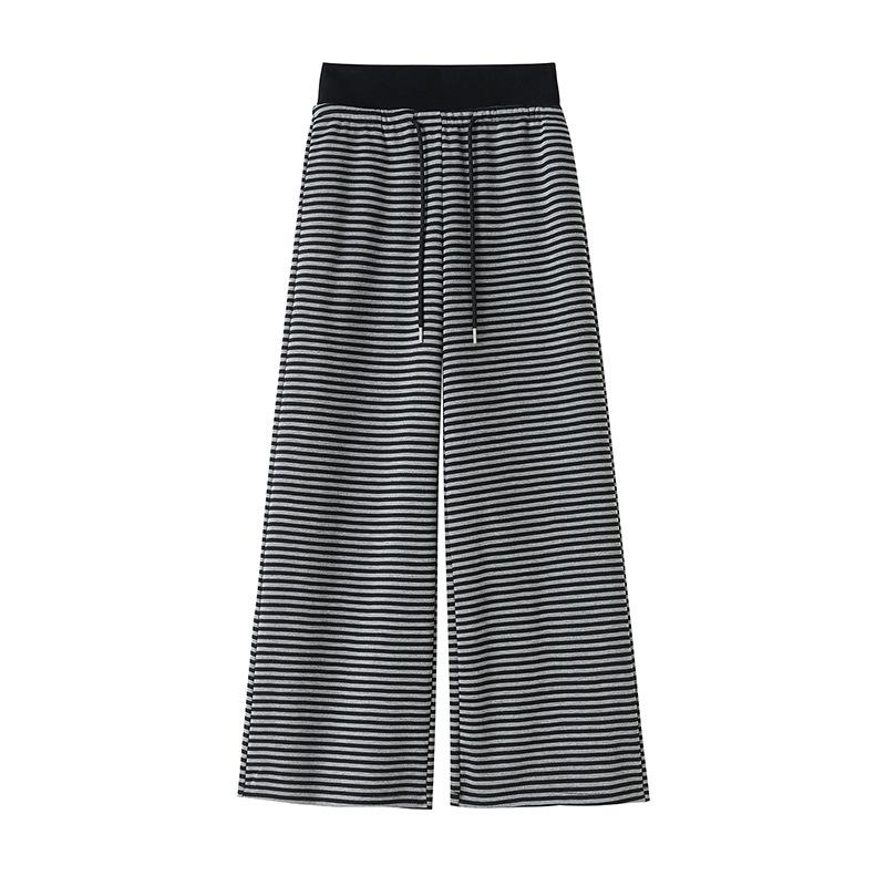 Полосатые брюки широкие от бедра Весна и Лето Эластичные на кулиске Высокая посадка Драпирующиеся Ленивые Повседневные Прямые Брюки-швабры