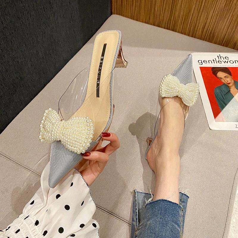 Новые женские трендовые прозрачные туфли на высоком каблуке для женщин с острым носком на каблуке модные туфли-лодочки с бантом на каблуке женские туфли на шпильках