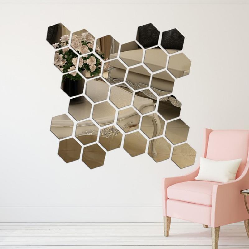 12Pcs 3D Hexagon Acrylic Mirror Wall Stickers DIY Art Wall Decor Stickers Living Room Mirrored Sticker Gold Home Decor