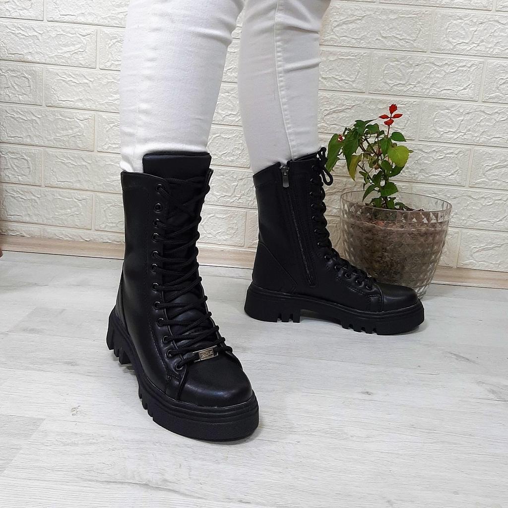 Черные кожаные женские ботинки Grijak на молнии и шнуровке