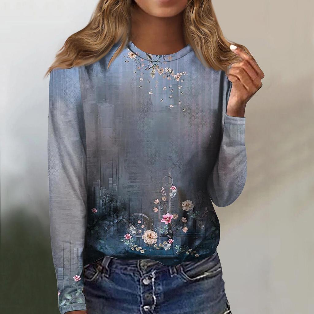 Женская мода, повседневная блузка с длинным рукавом и круглым вырезом, пуловер с принтом