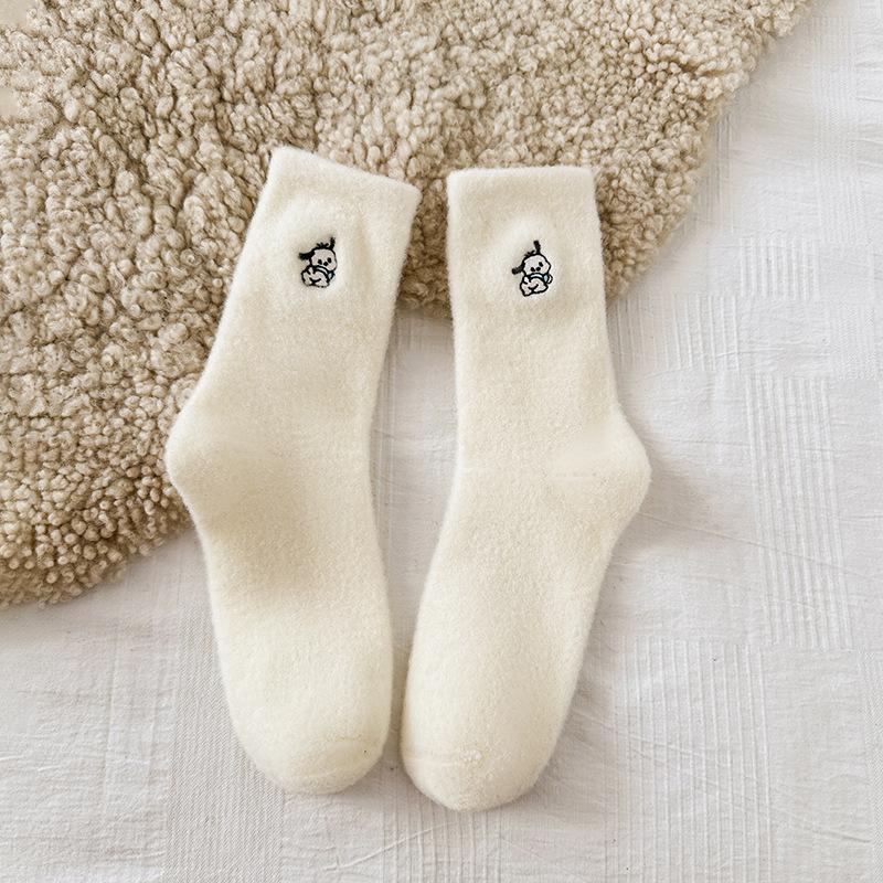 Female Autumn and Winter Thickened Warm Sweet Lovely Embroidered White Medium Long Socks