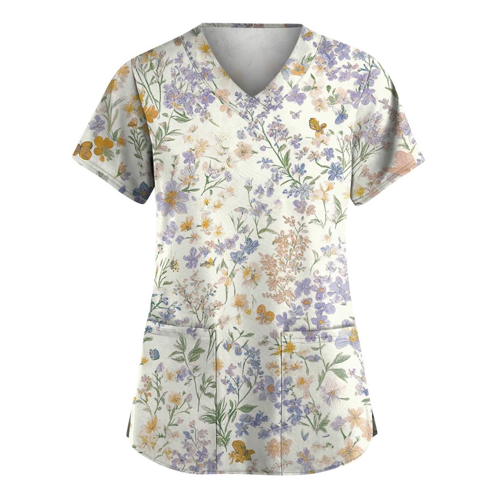 Women's Fashion Short Sleeve Fashion Vintage Floral Print V-Neck Pocket Workwear Tops