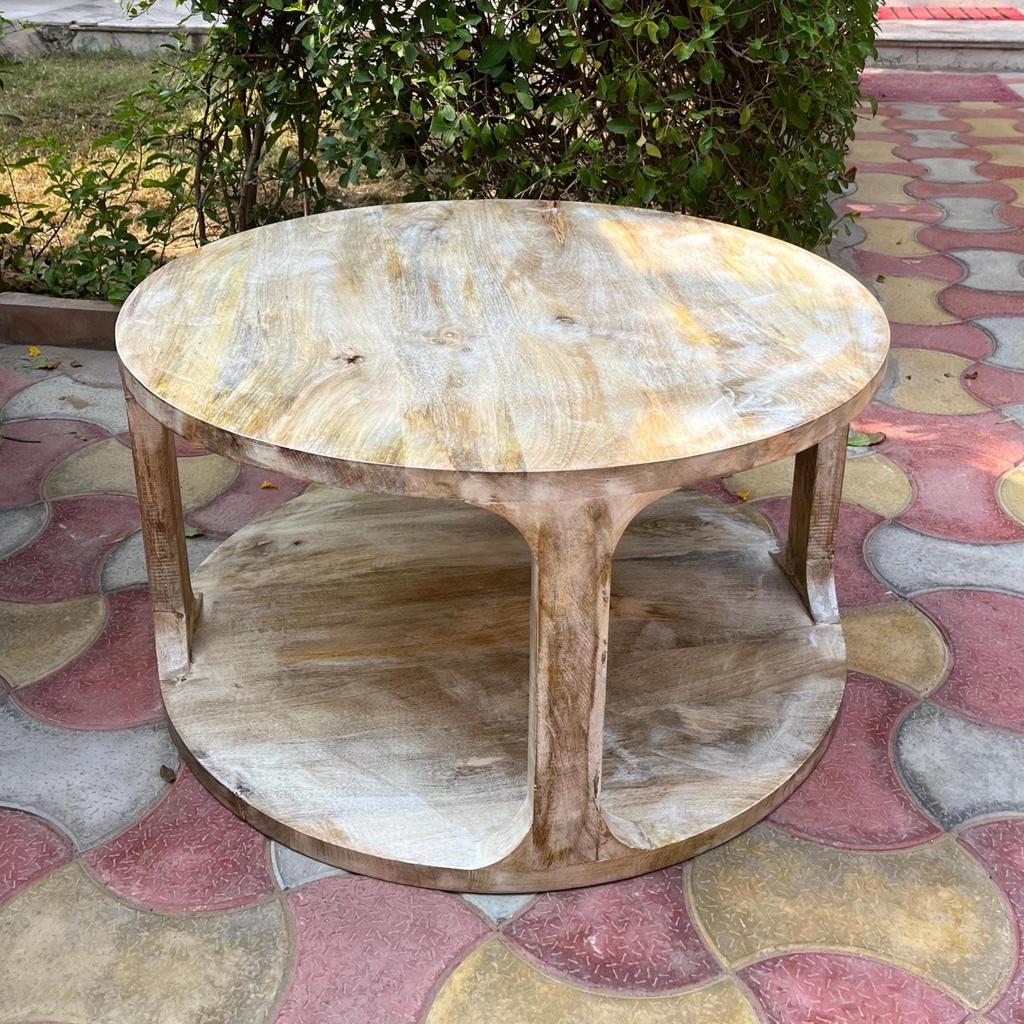 Wooden Coffee Table with Storage Shelf Handmade Round Center Table for Living Room, Indian Nightstand Tea Table, Side Table, Low Table