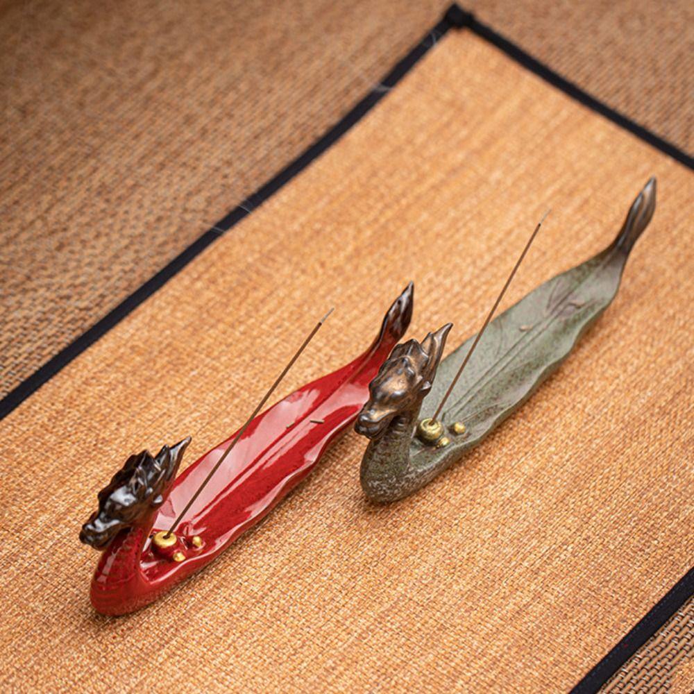 Ceramics Line Incense Insertion Seat Dragon Boat Shape Incense Tray Incense Burner Collectible