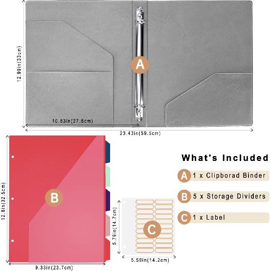 Antner PU Leather 3 Ring Binder with Clipboard, 1 Inch Clipboard Binder Organizer for Letter Size Paper, 5 Divider Folders with 10 Pockets, Hardcover