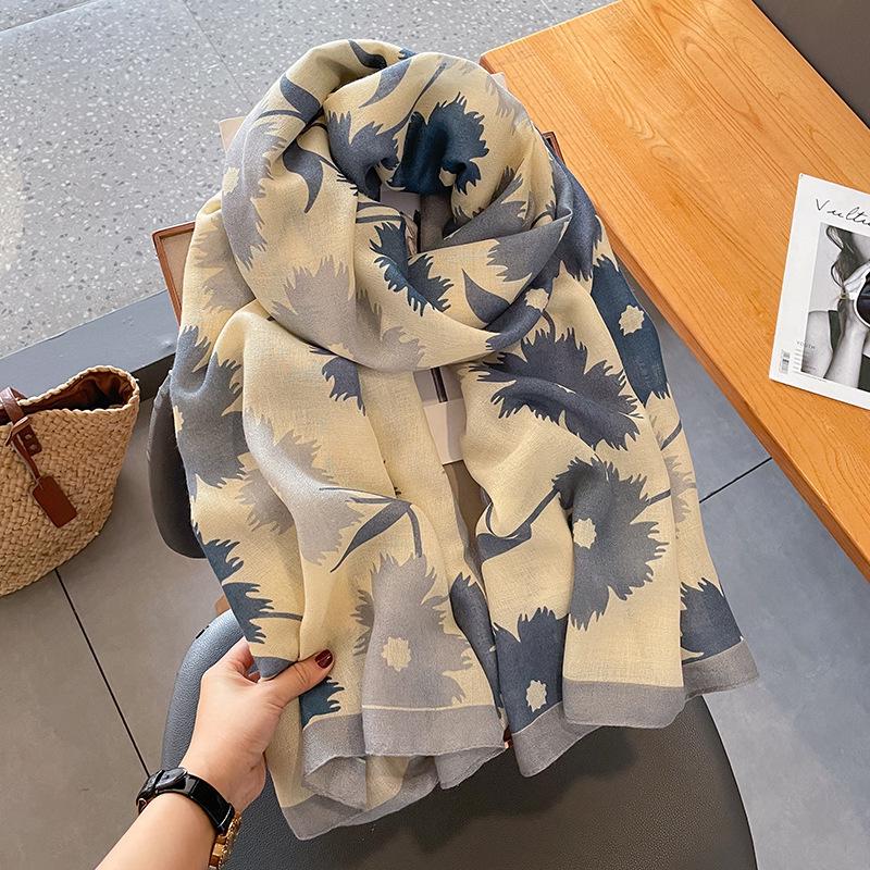Korean Style Floral Cotton Linen Scarf, Versatile Long Thin Shawl for Women