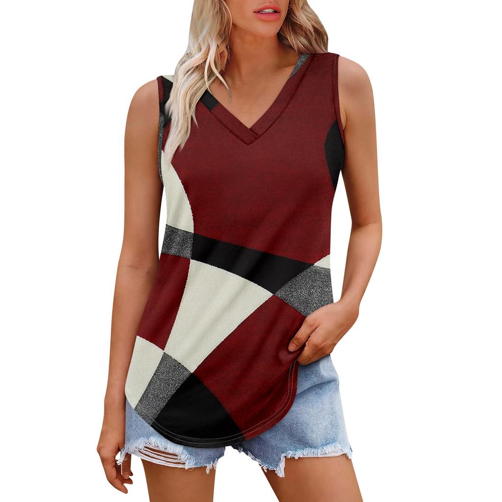Женская майка с V-образным вырезом и принтом, повседневная майка, свободный крой, топы без рукавов, струящиеся