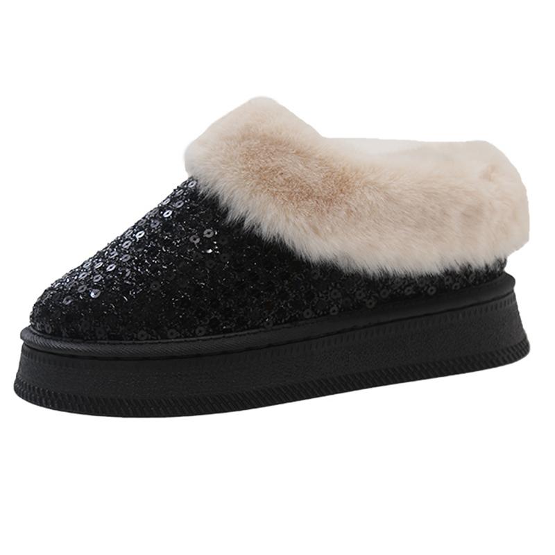 Shiny Sequin Non-Slip Snow Boots Women Winter Faux Fur Platform Plush Ankle Boots Woman Flat Heel Thick Bottom Warm Cotton Botas
