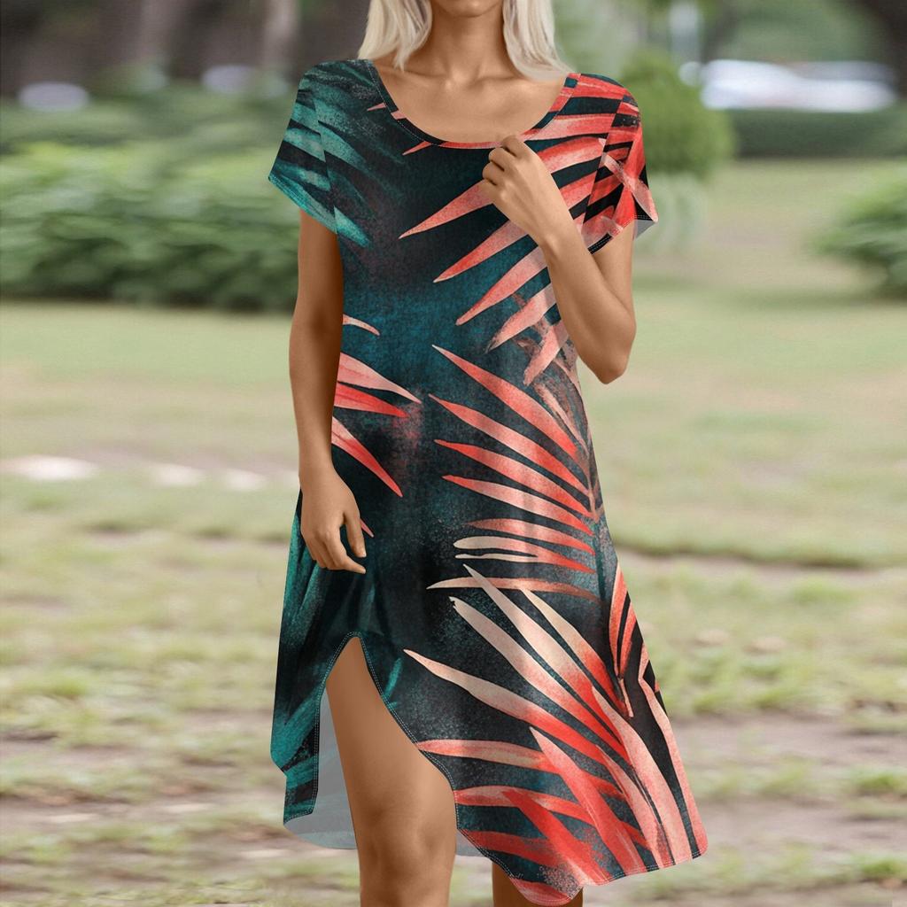 Short Sleeve Boho Dress For Women Casual Loose Fit Summer Sundress Floral Print Dress With Pockets