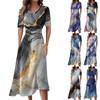 Ladies Casual Fashion Gradient Print V-Neck Short Sleeve Waist Long Swing Dress