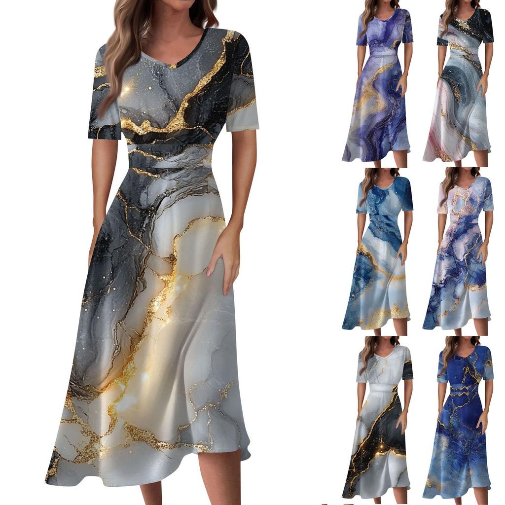 Ladies Casual Fashion Gradient Print V-Neck Short Sleeve Waist Long Swing Dress