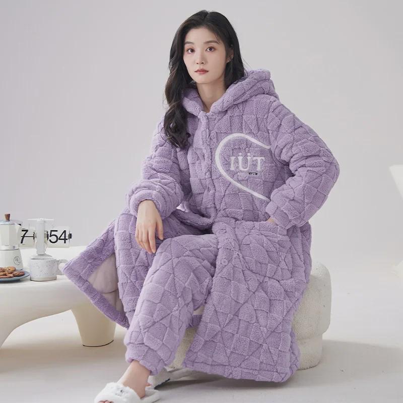 2023 Женская ночная рубашка из кораллового флиса: Плотный бархат с подкладкой, осенне-зимний, универсальный костюм для дома и улицы