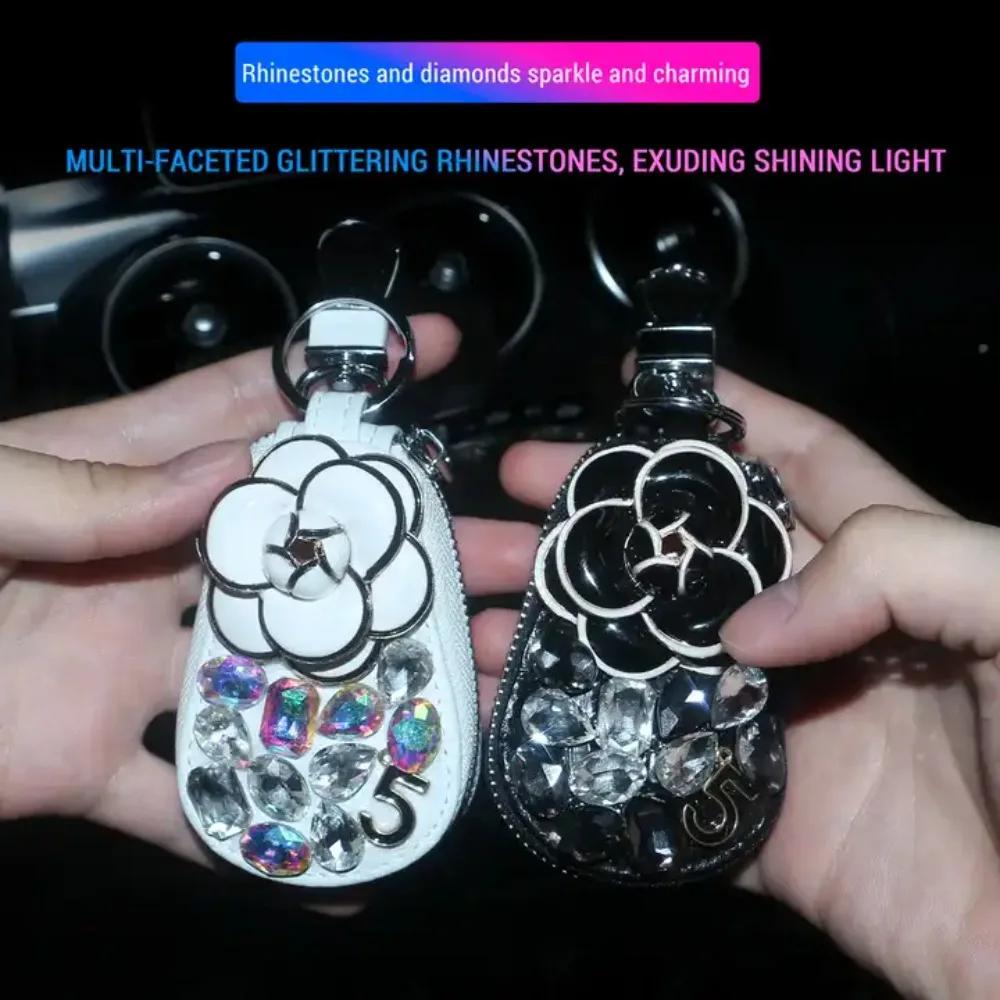 Блестящий алмазный кристалл автомобильный чехол для ключей Camellia Flower защитный чехол для автомобильного ключа универсальные блестящие автомобильные аксессуары для женщин