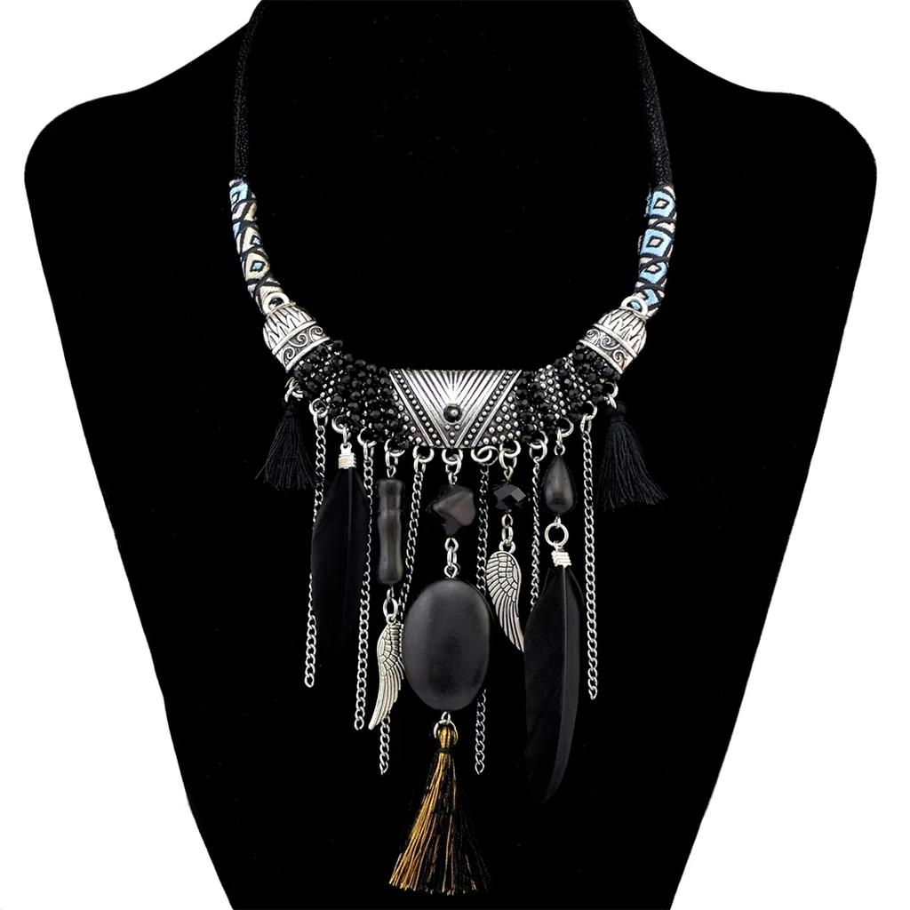 Ethnic Vintage Boho Tassel Necklaces for Women Feather Beads Necklace Bohemian Party Jewelry Gift AVE