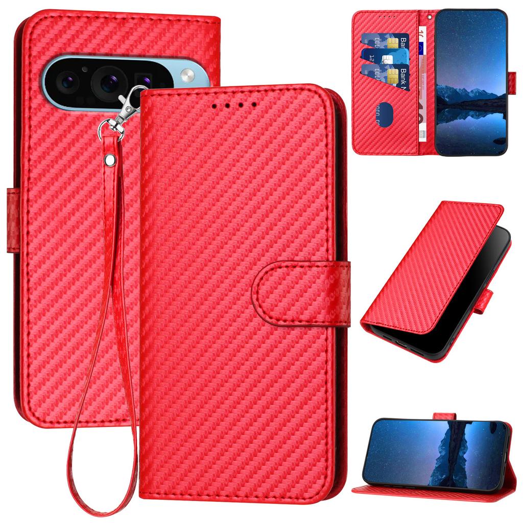YX0070 For Google Pixel 9 Pro XL Case Carbon Fiber Texture Folio Flip Leather Phone Cover