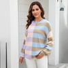 Autumn and Winter Women's Plus Size Pullover Splicing Stripes and Colour Collision Round Neck Knit Sweater