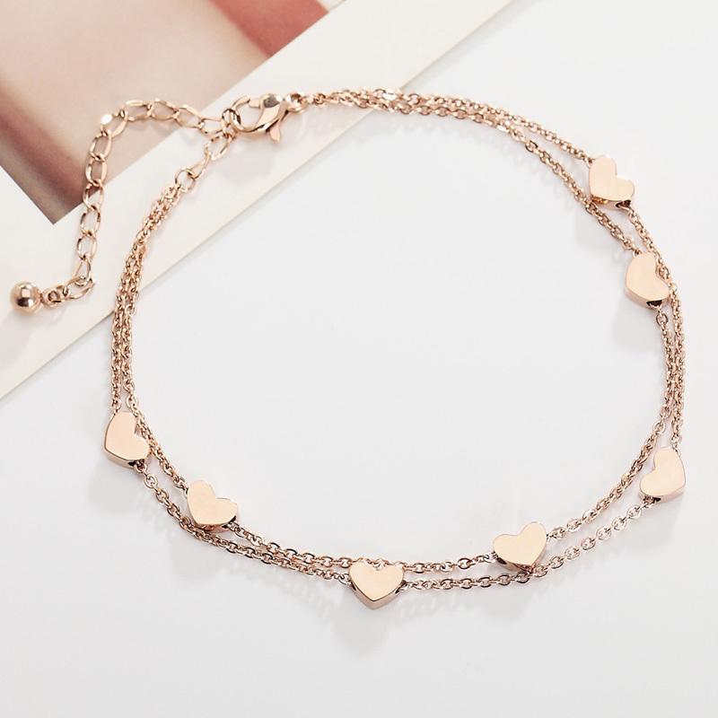 Anklet For Women Rose Gold Color Titanium Steel 7 Heart Double Layer Fashion 316l Stainless Jewelry (Ga106 )
