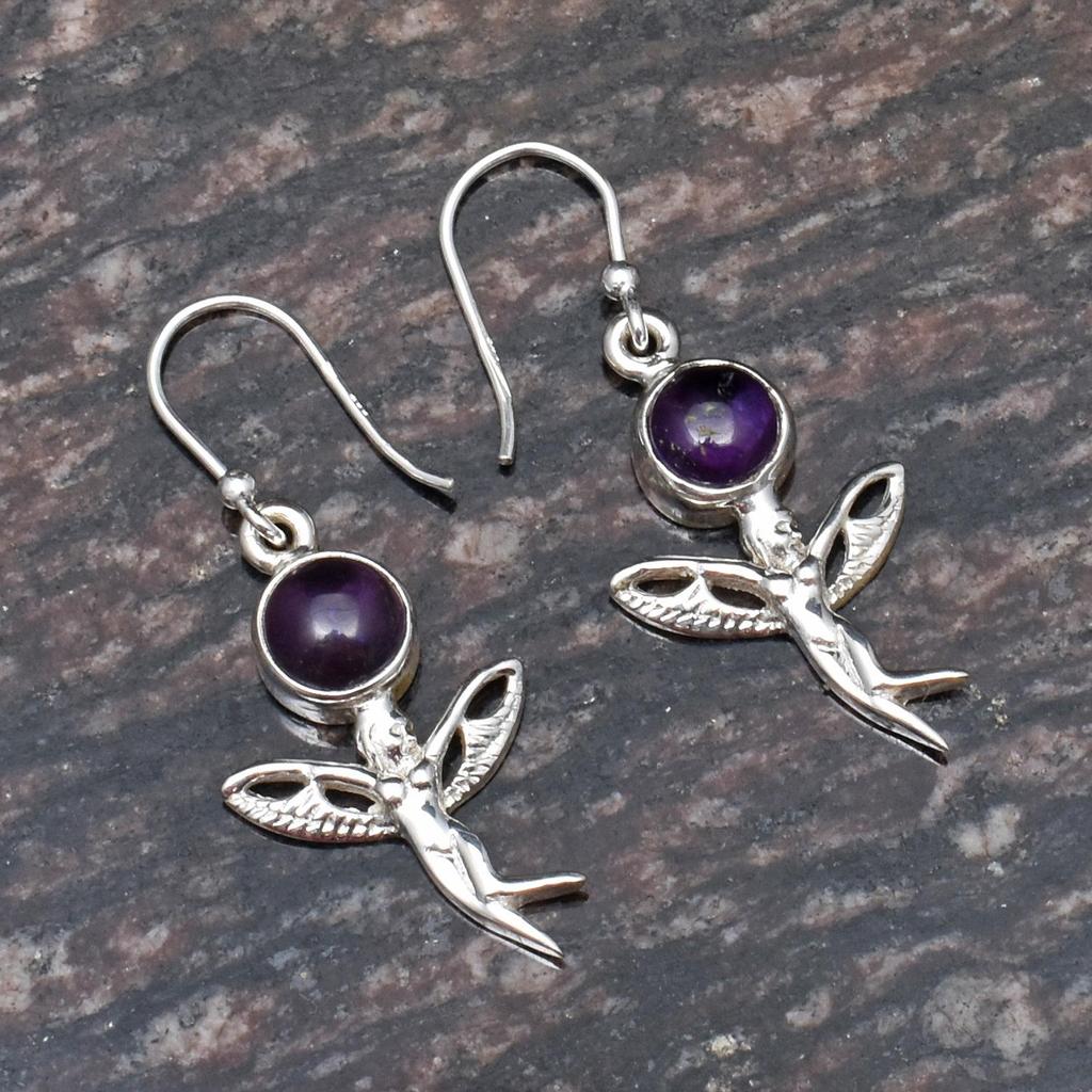 Натуральный аметист драгоценный камень 925 стерлингового серебра Fly Angle Drop Dangle Earrings для женщин и девочек