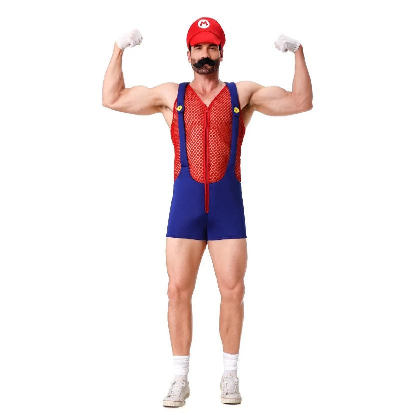 Men Funny Plumber Brother Cosplay Jumpsuits With Hat Halloween Adult Sexy Anime Role Play Disguise Carnival Party Stage Dress Up