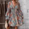 Bohemian Style Print Dresses for Women Fashion Bell Sleeves V-neck Elegant Ladies Dress 2025 Spring Casual Beach