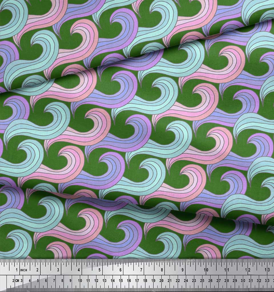 Soimoi Зеленая японская креп-сатиновая ткань с художественными волнами и абстрактным принтом, ткань для творчества по метрам, 42 дюйма