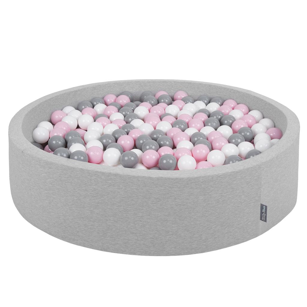 KiddyMoon Soft Ball Pit Round 120x30cm/200 Balls Balls 7cm / 2.75in for Kids, Light Grey:white-grey-powderpink