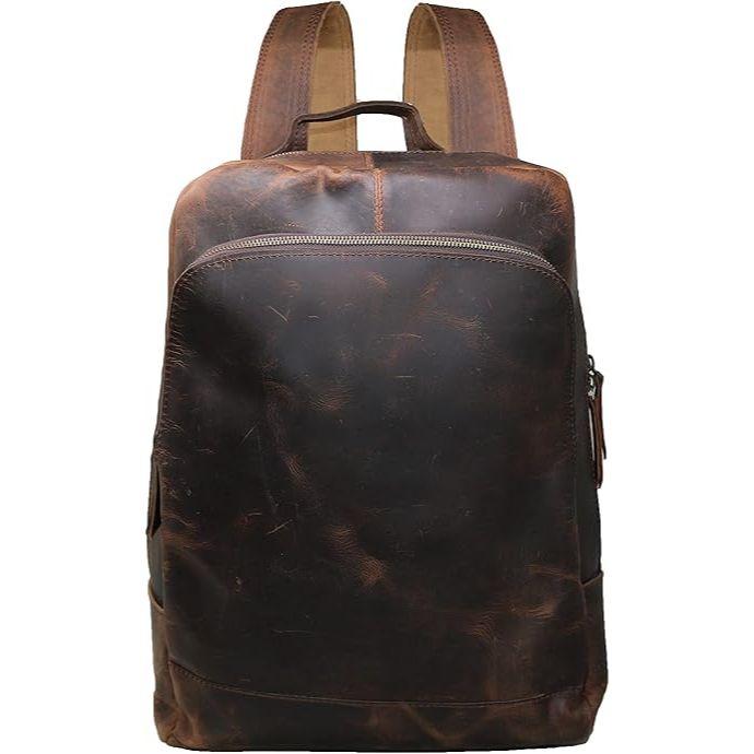 16" Brown Buffalo Leather Backpack Vintage Rucksack Water Resistant Casual Daypack College Bookbag Travel Hiking
