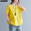 2023 Summer Women T-Shirt Bat Cotton Tshirt Fashion Patchwork Tops Tees Tunic Shirt Loose Pocket Casual Solid Oversize Tops&Tees Yellow