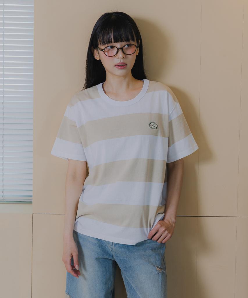 BAKKEN [Women] Striped Embroidered Logo Short Sleeve T-Shirt Bk4214 (5 Colors)
