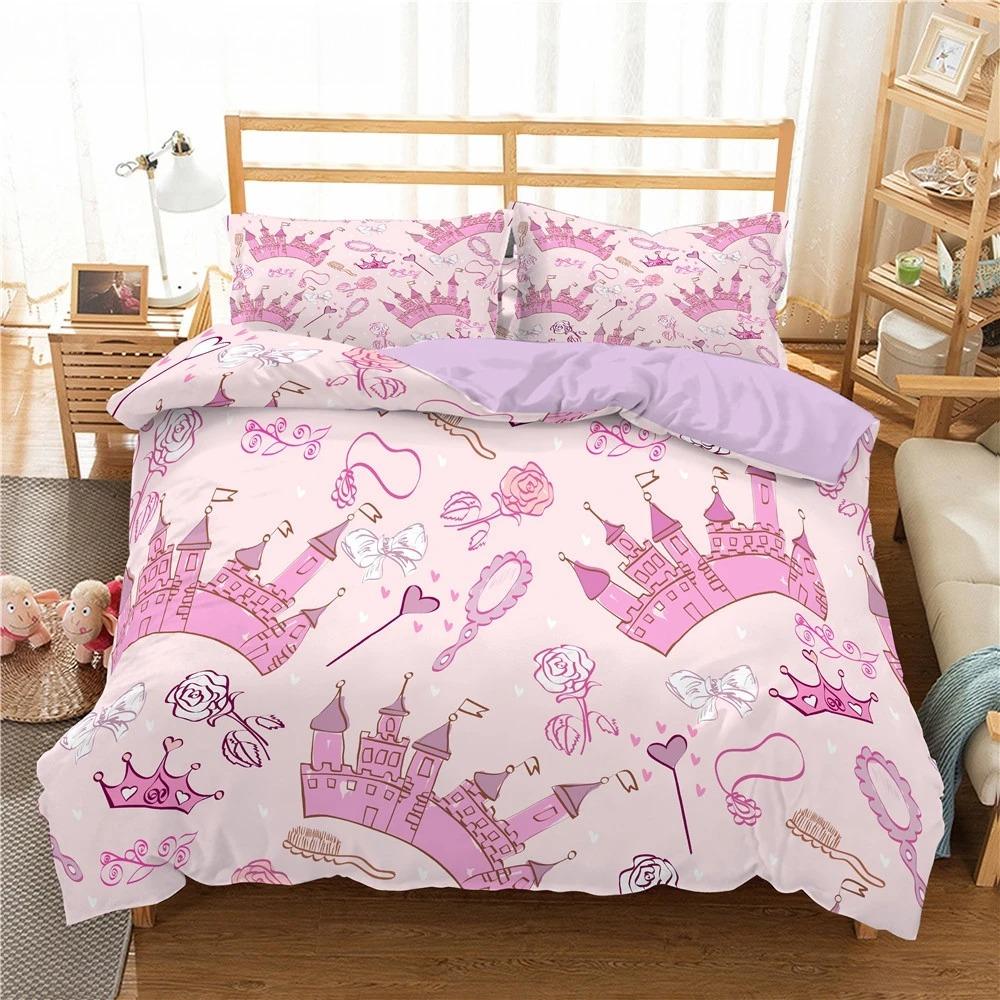 Kids Cartoon Duvet Cover Set Full/Queen Microfiber 3D Bedding Set Soft Pink Castle Princess Comforter Cover with Home Textile