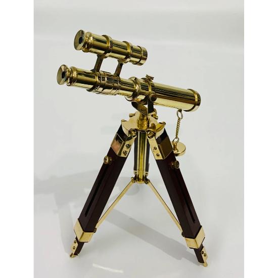 Nautical Brass Double Barrel Telescope With Wooden Tripod Stand - Vintage Navy Ship Telescope - Marine Spy Glass Telescope
