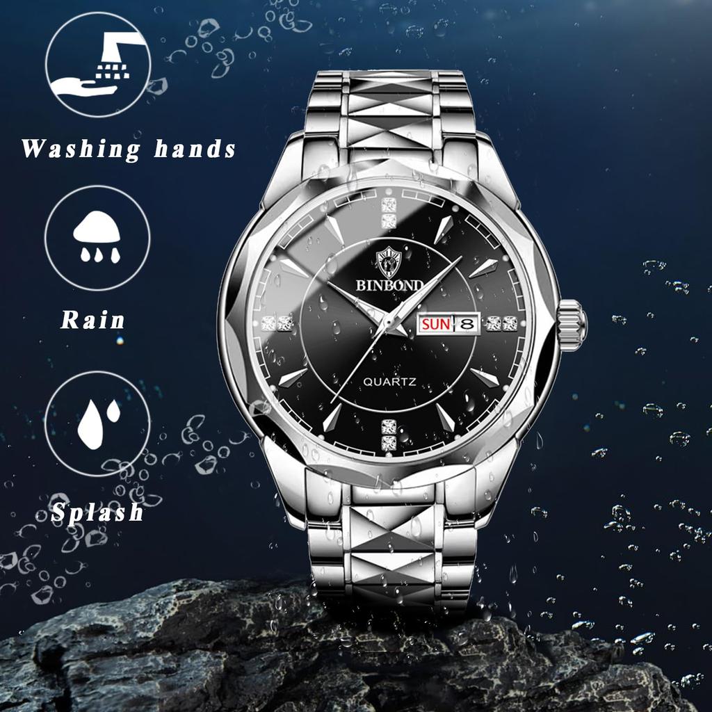 Серебряные аналоговые простые часы с календарем дней недели 3ATM водонепроницаемые повседневные деловые часы с ремешком из нержавеющей стали для рождественского подарка для мужчин