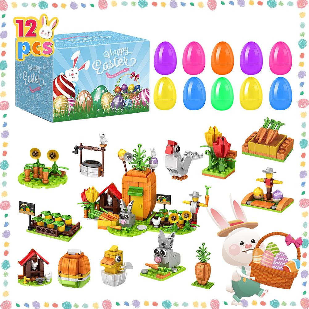 12PCS 2025 Easter Egg Gifts Filled with Building Blocks Colorful Easter Basket Prefilled Toy For Easter Hunts Kids Birthday Gift