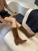 Khaki Soft Waxy Boots Western Boots Thick Heel Wide Leg Boots Exotic Mid Boots Cowboy Boots Stacking Boots