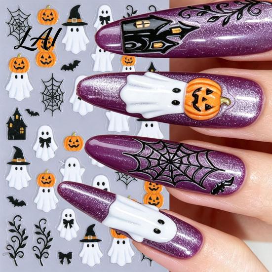 Gothic Nail Art Accessories Women Stickers for Halloween Spooky Ghost Pumpkin Spider Web Bat DIY Manicure Thorns Decal Supplies Holiday Party