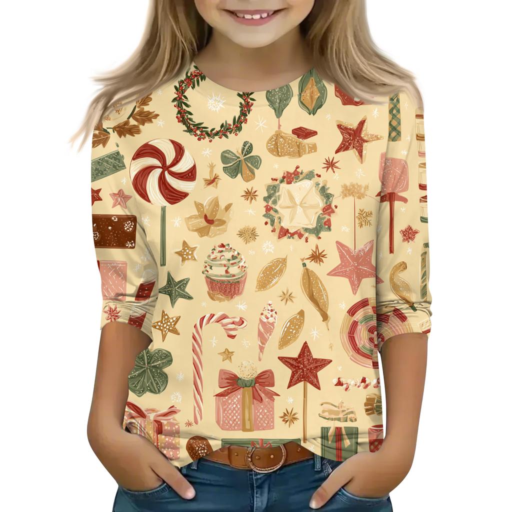 Children's 3/4 Sleeve Round Neck Top Christmas Tree Printed Everyday Casual Top