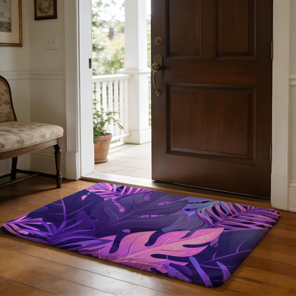 Purple Tropical Leaves Floor Mat Soft Flannel Absorbent Mat Non-Slip Rug Home Bedroom Bathroom